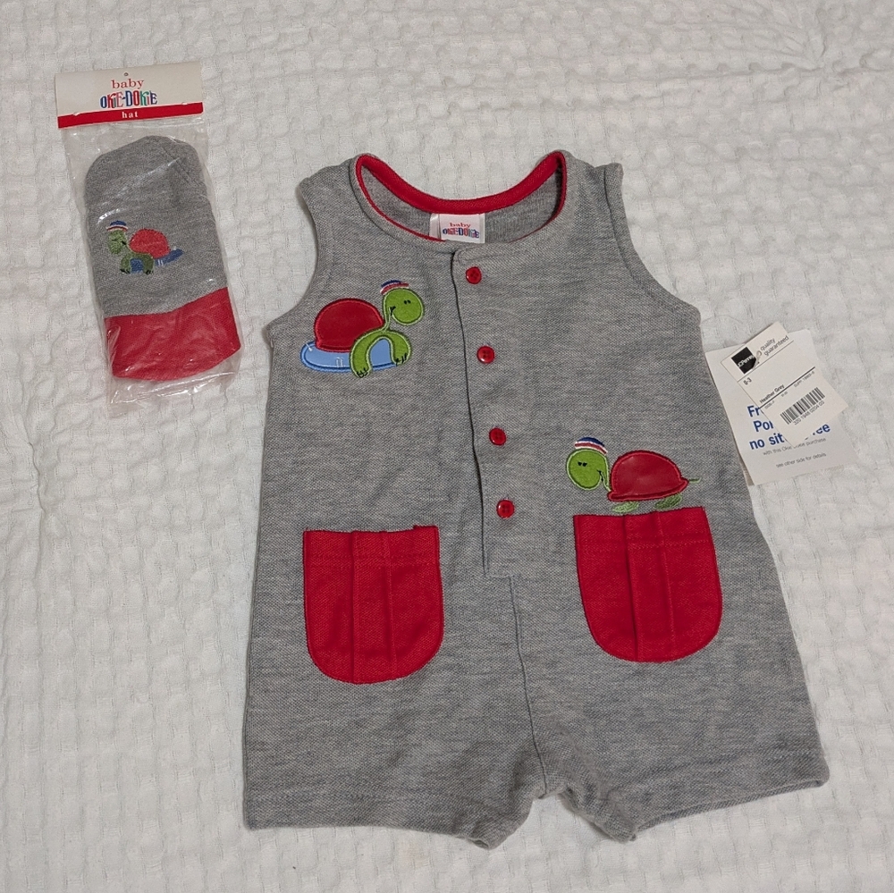 OKIE DOKIE Vintage Gray Turtle Outfit Romper Outfit Set Hat Baby Infant 0-3 Mo